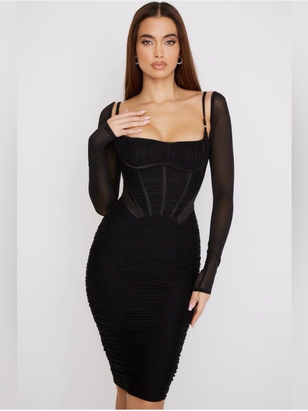 House of CB Freyja Black Ruched Corset Midi Dress with Mesh Sleeves